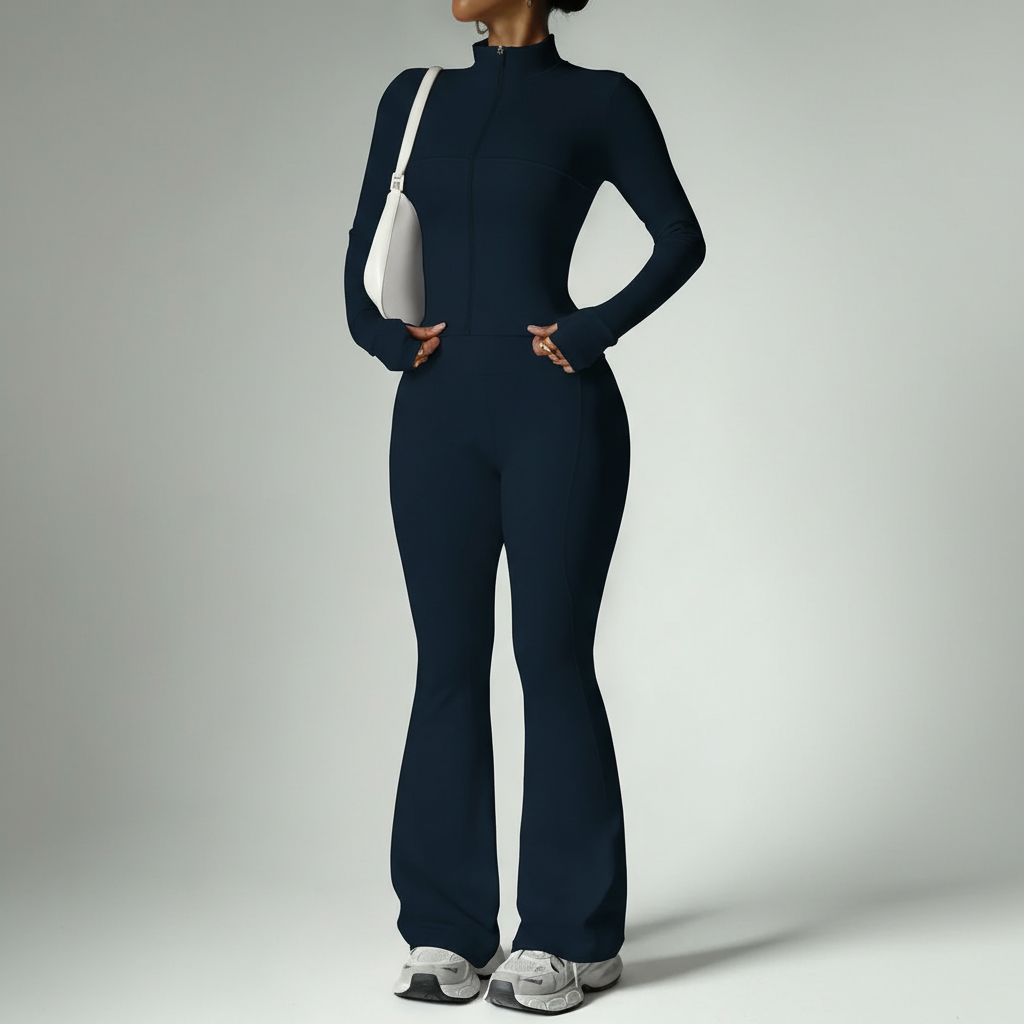 Two Piece Stand Collar Zipper Loungewear Set For Women