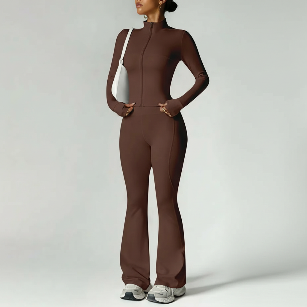 Two Piece Stand Collar Zipper Loungewear Set For Women