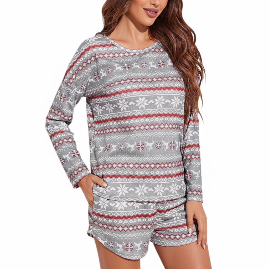 Waffle Knit Two Piece Lounge Set With Long Sleeve Top And Shorts