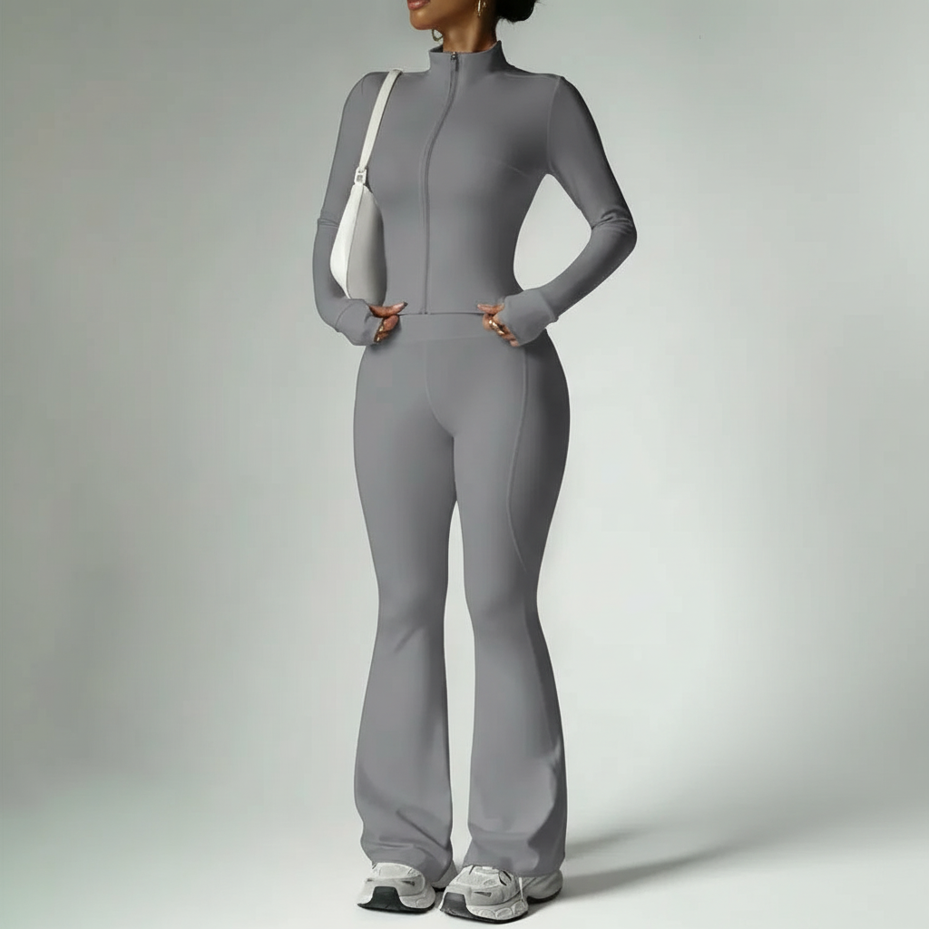Two Piece Stand Collar Zipper Loungewear Set For Women
