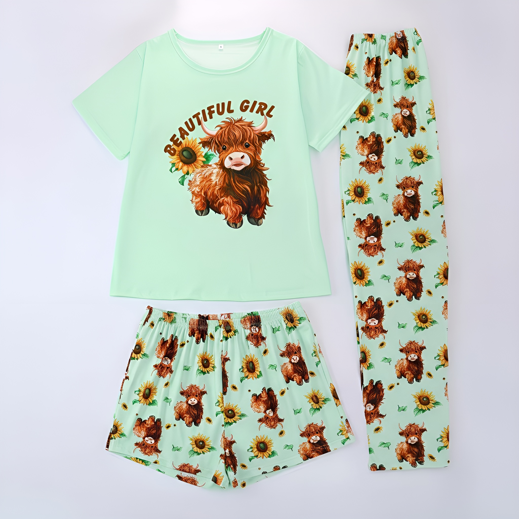 Highland Cow Print 3 Piece Pajama Lounge Set For Women