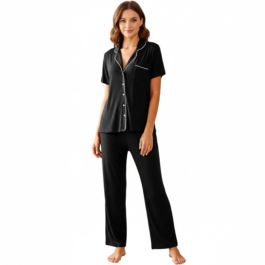 Pajamas Set With Notch Collar Button Down Top And Long Pants For Women