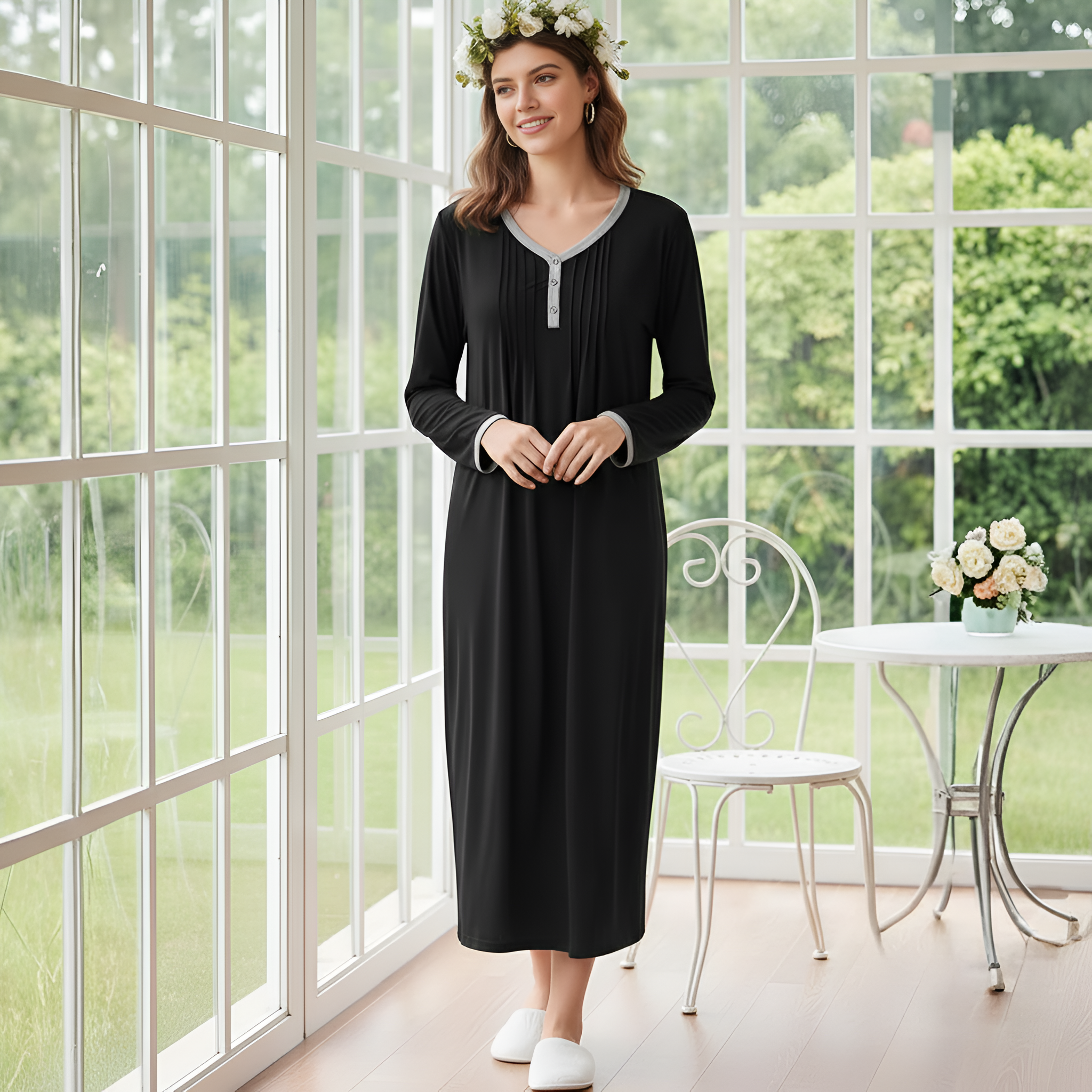 Henley Long Sleeve Nightgown Sleepwear For Women
