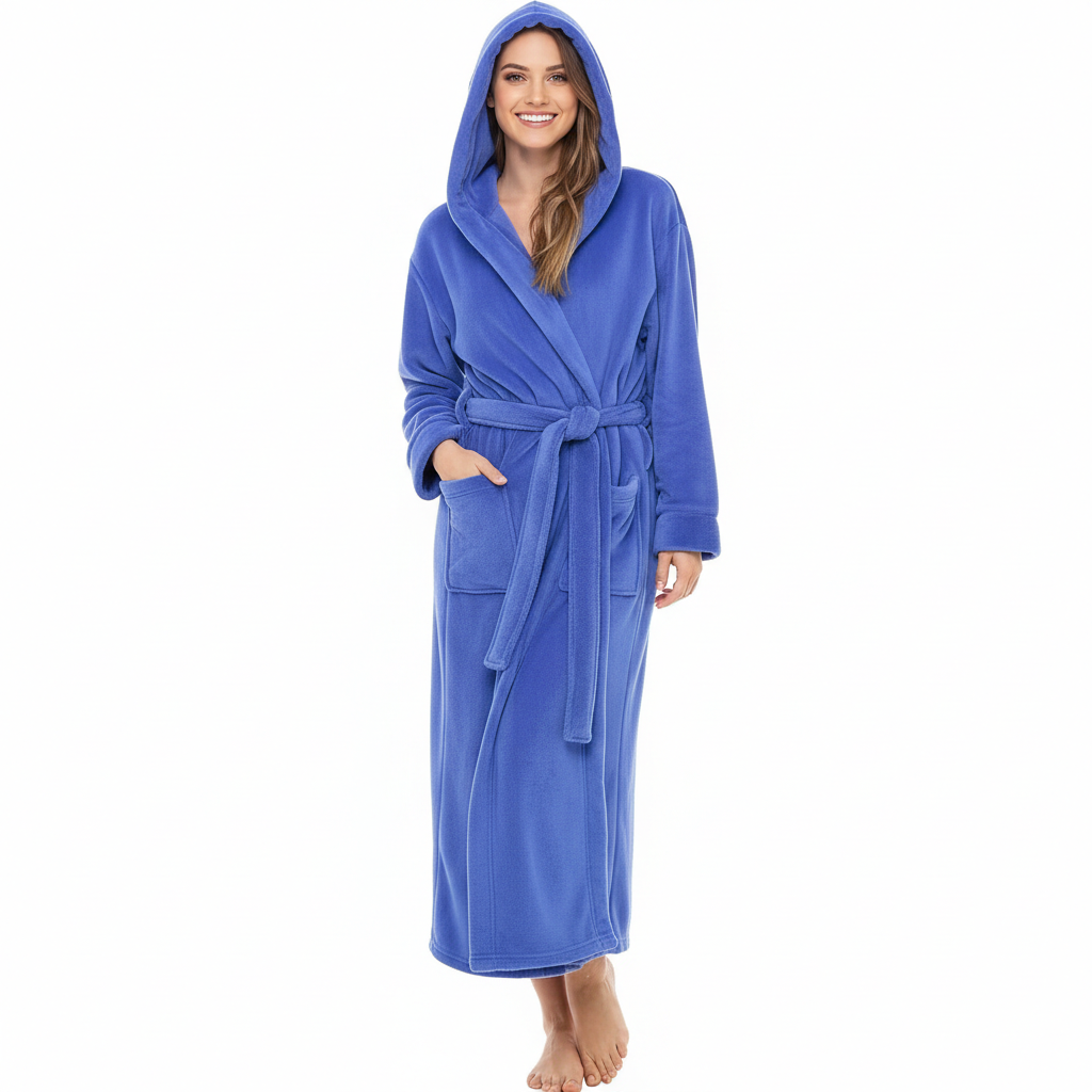 Full Length Hooded Plush Fleece Bathrobe With Belt For Women