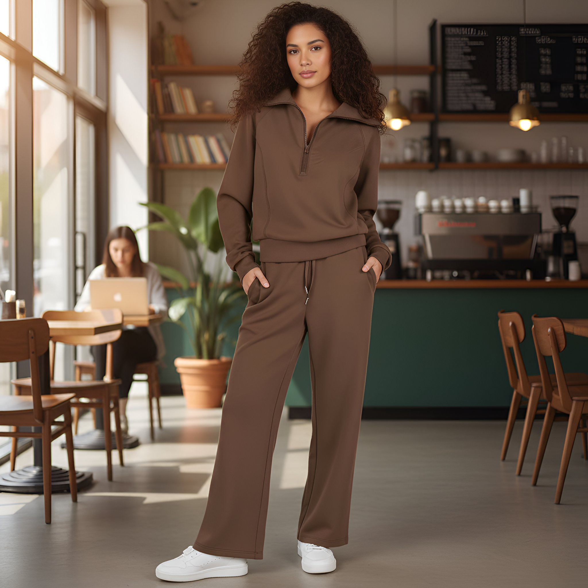 Two Piece Casual Set With Half Zip Collar Top And Matching Drawstring Pants For Women