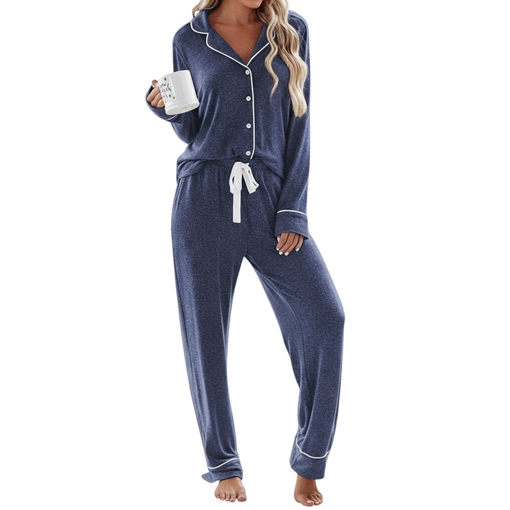 Soft Long Sleeve Pajama Set Button Front Sleepwear For Women