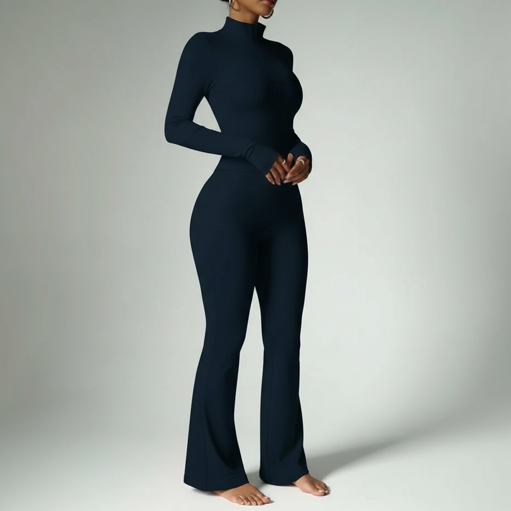 Two Piece Stand Collar Zipper Loungewear Set For Women