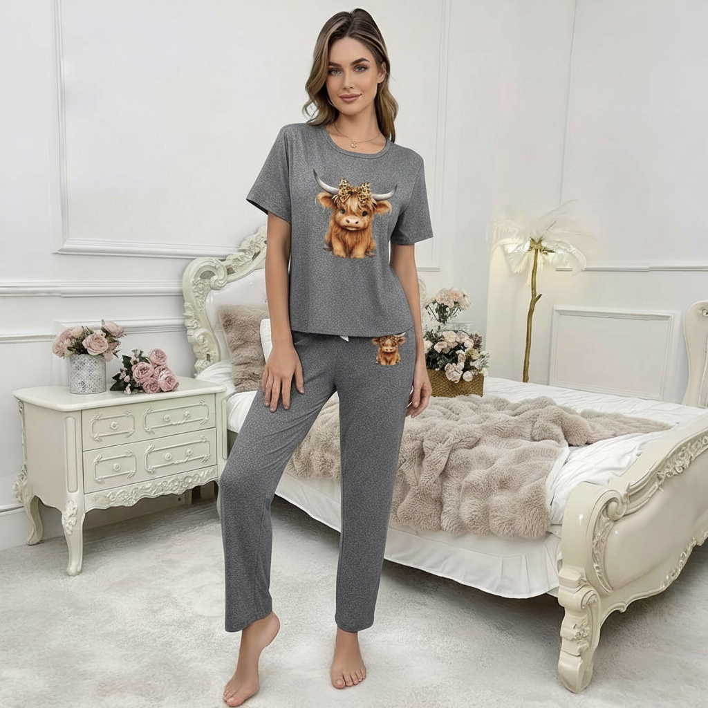 Highland Cow Print Two Piece Pajama Set For Women