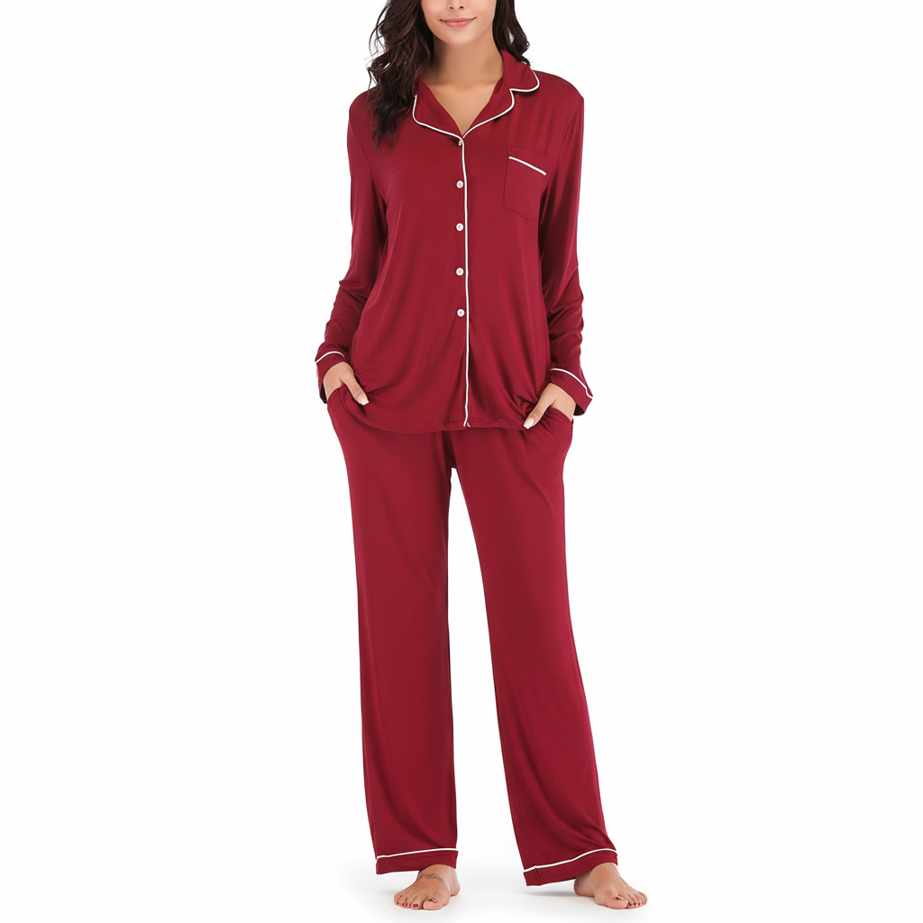 Long Sleeve Button Down Pajama Set Lounge Sleepwear For Women