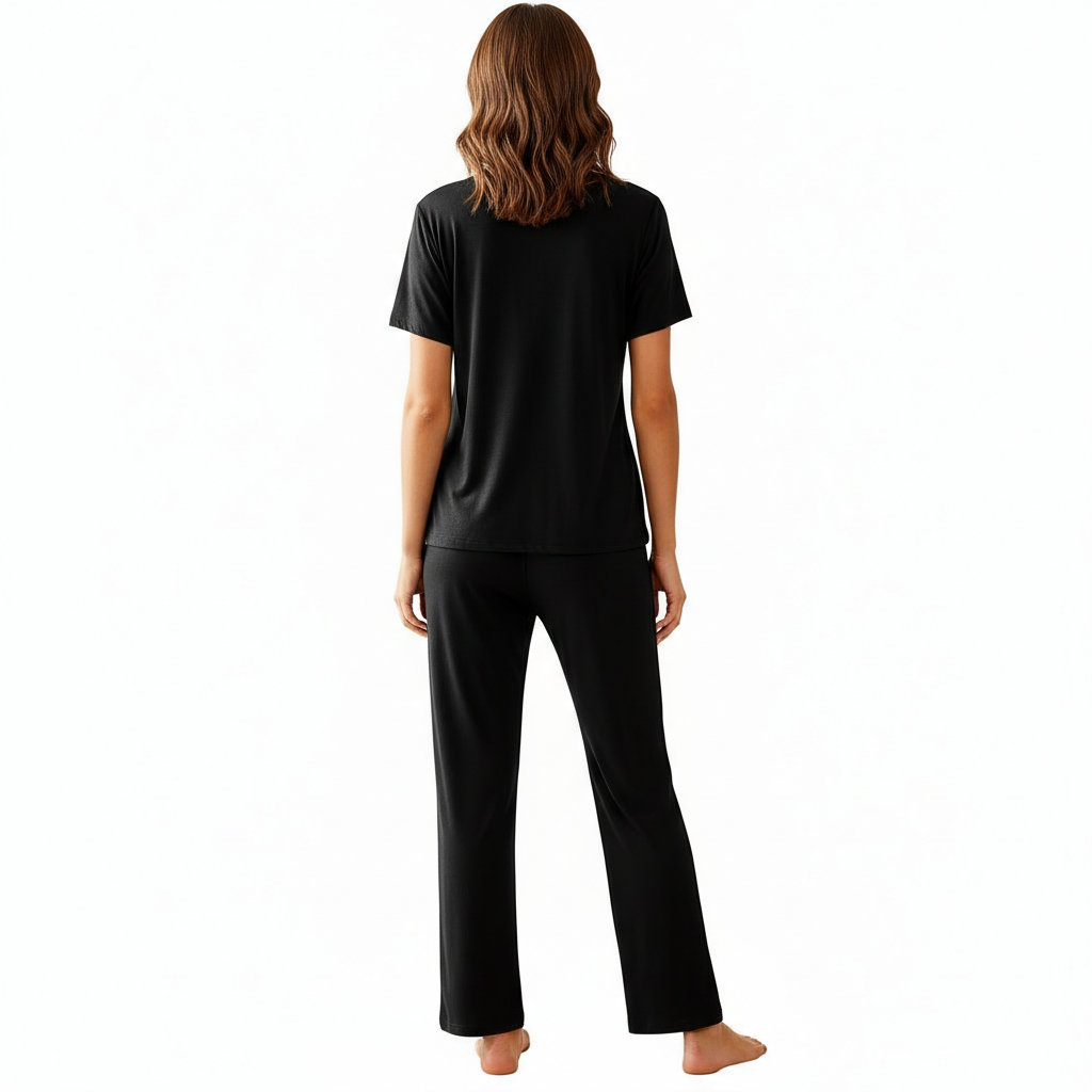 Pajamas Set With Notch Collar Button Down Top And Long Pants For Women