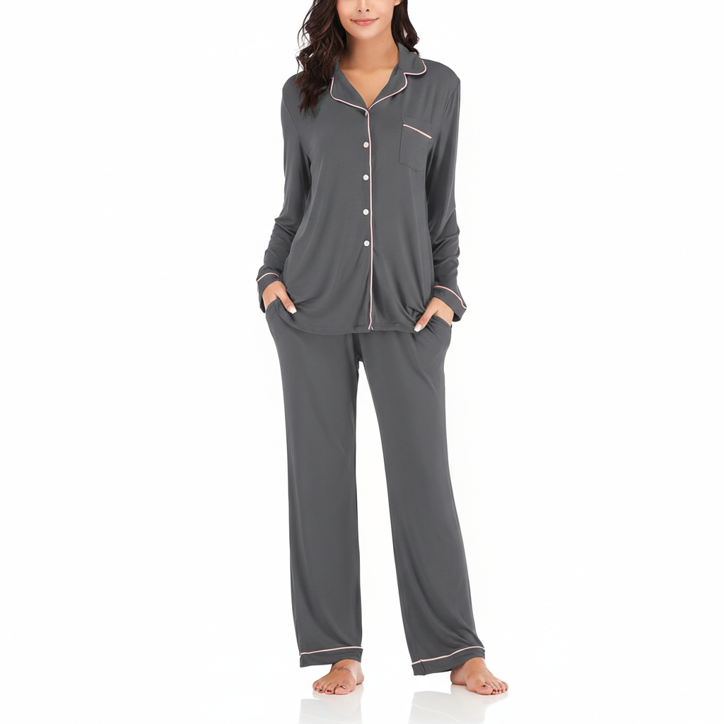 Long Sleeve Button Down Pajama Set Lounge Sleepwear For Women
