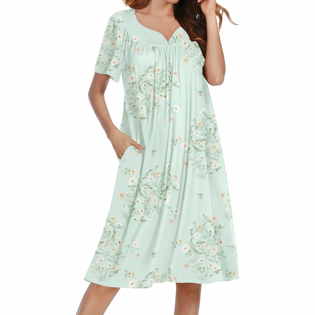 Pleated Nightgowns Short Sleeve House Dress
