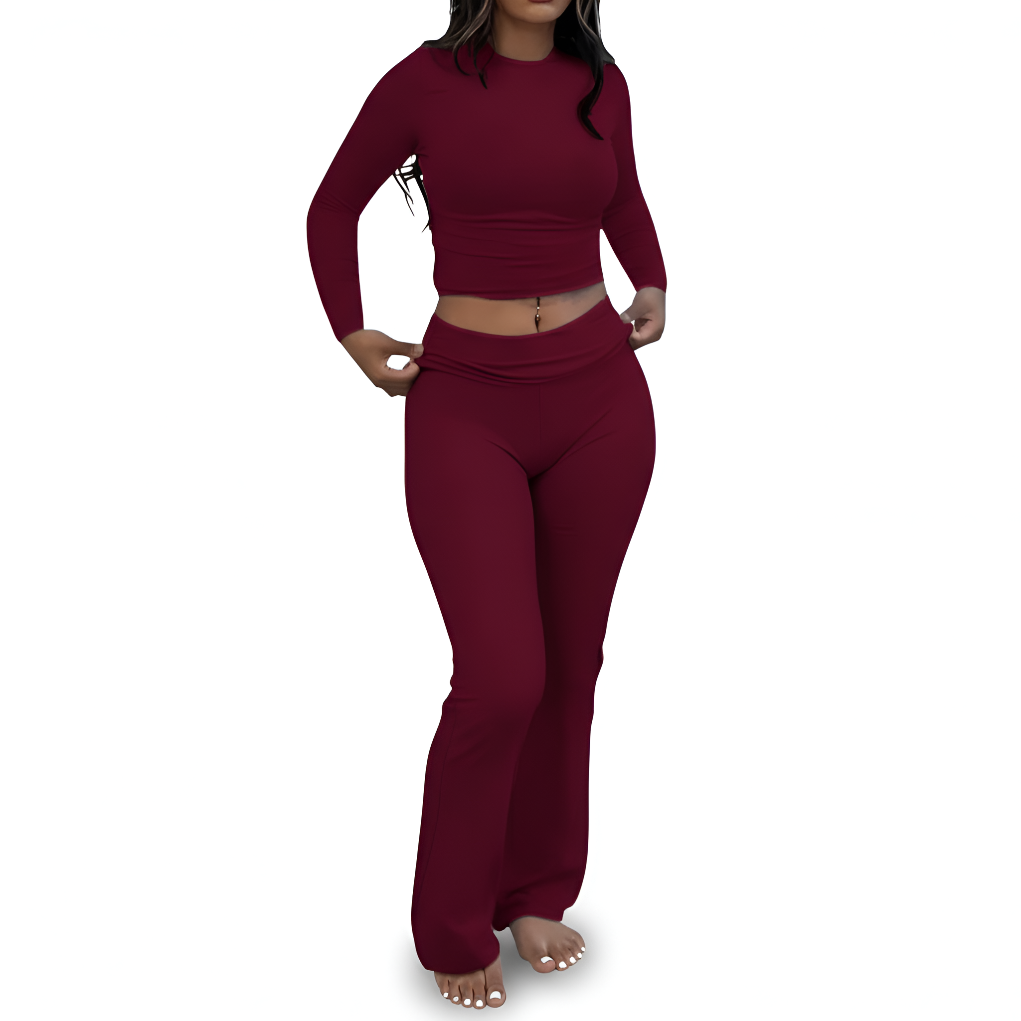 2 Piece Of Soft Lounge Wear Long Sleeve Top And Flared Pants Set For Women