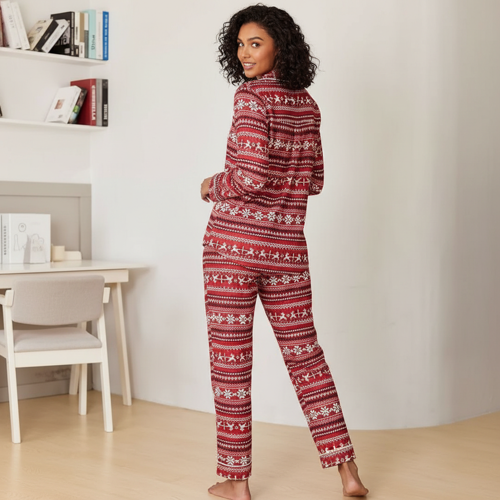 Soft Long Sleeve Pajama Set Button Front Sleepwear For Women