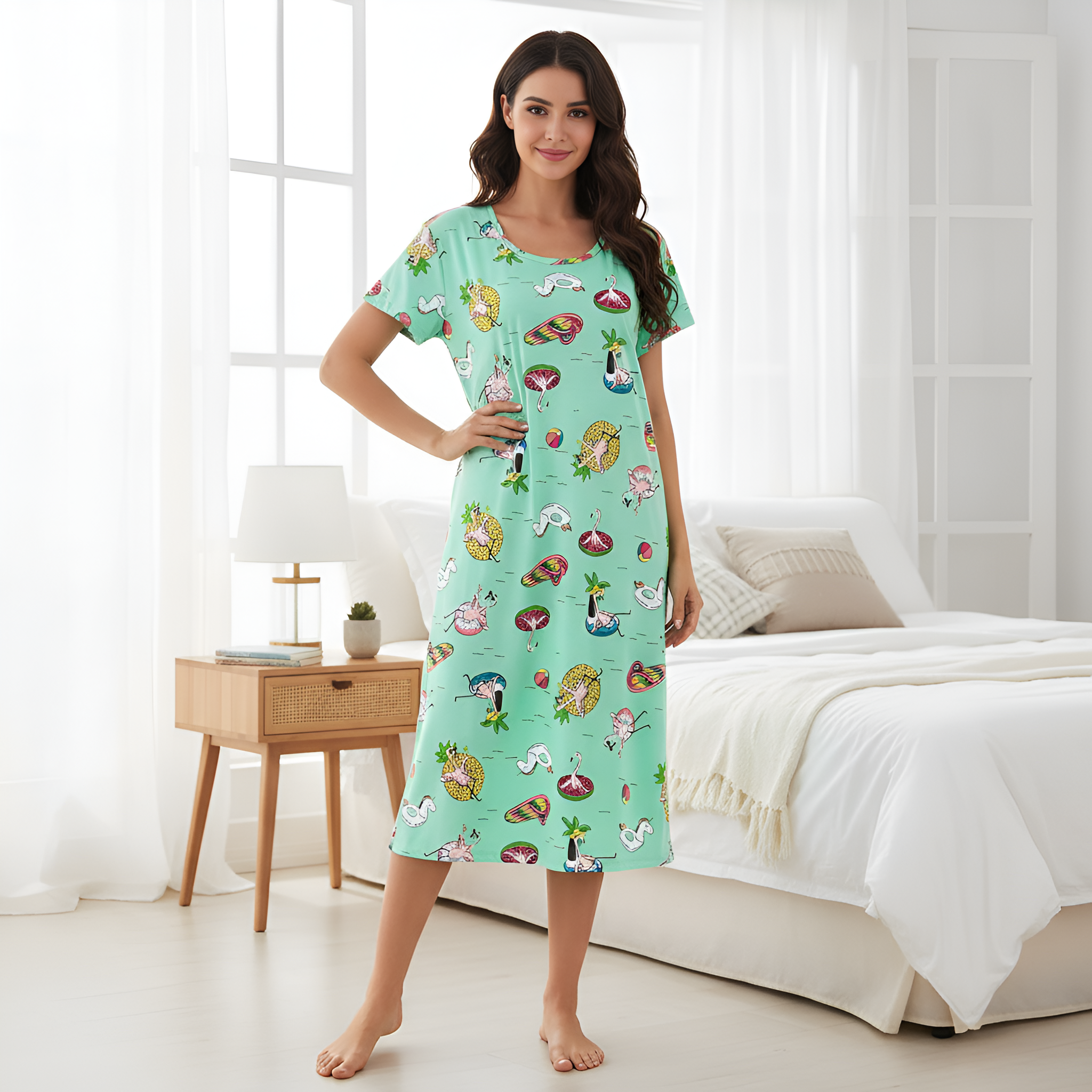 Casual Nightgown Short Sleeve Print Sleepdress 