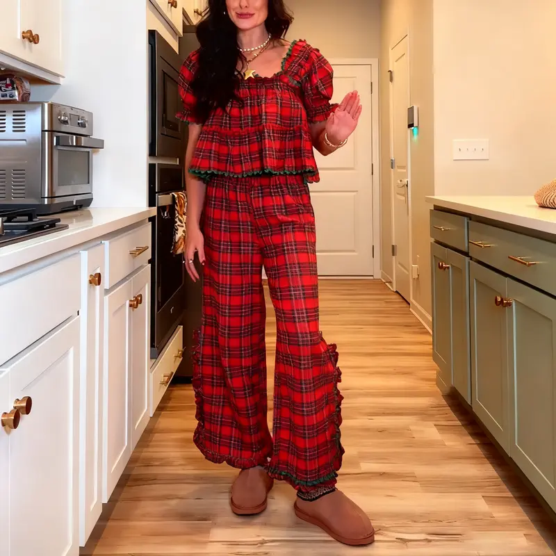 Women Pajama Set, Stripes And Plaid Short Sleeve Square Neck T-shirt with Pants Sleepwear Loungewear