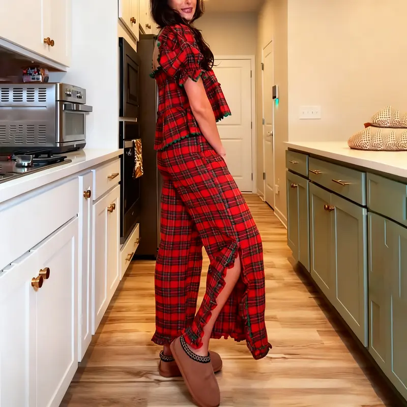 Women Pajama Set, Stripes And Plaid Short Sleeve Square Neck T-shirt with Pants Sleepwear Loungewear