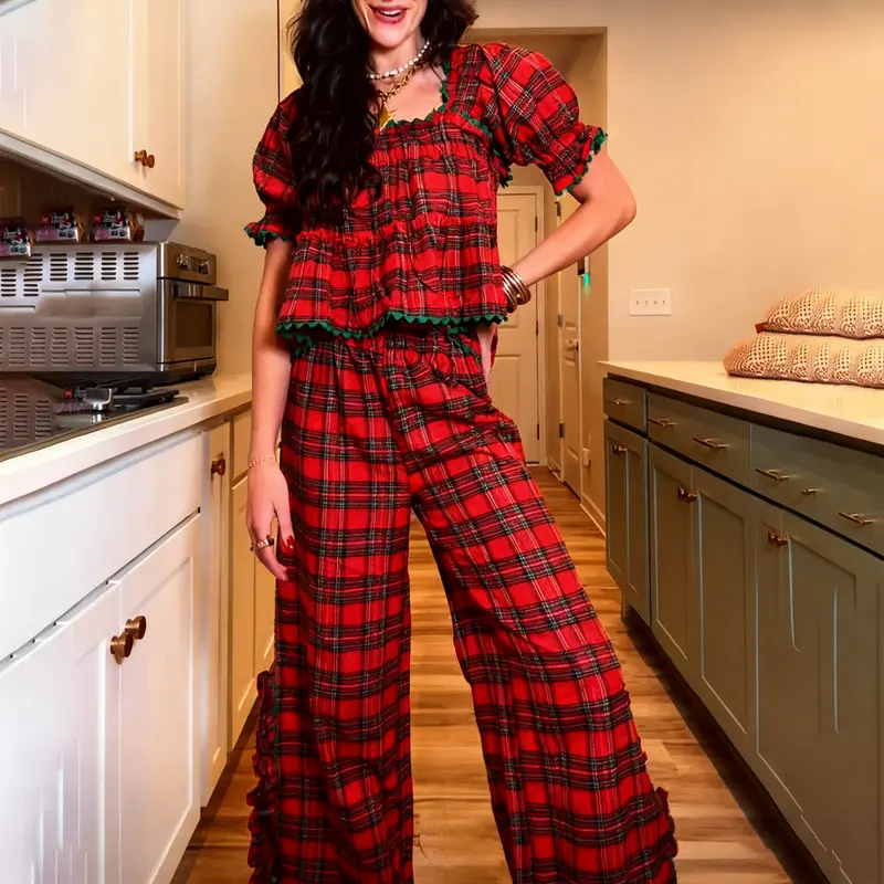 Women Pajama Set, Stripes And Plaid Short Sleeve Square Neck T-shirt with Pants Sleepwear Loungewear