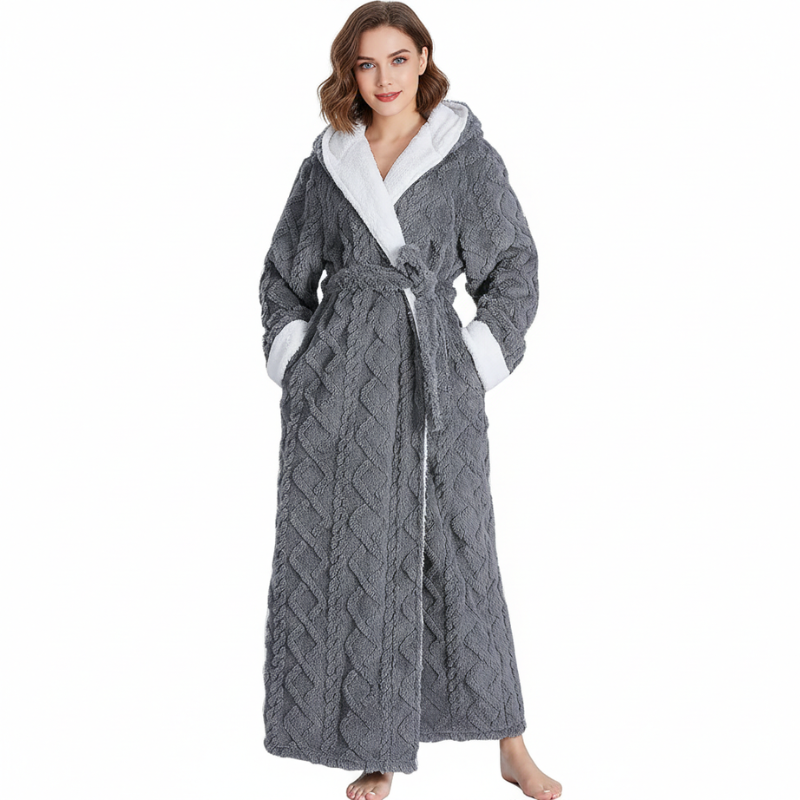 Long Hooded Fleece Bathrobe For Women