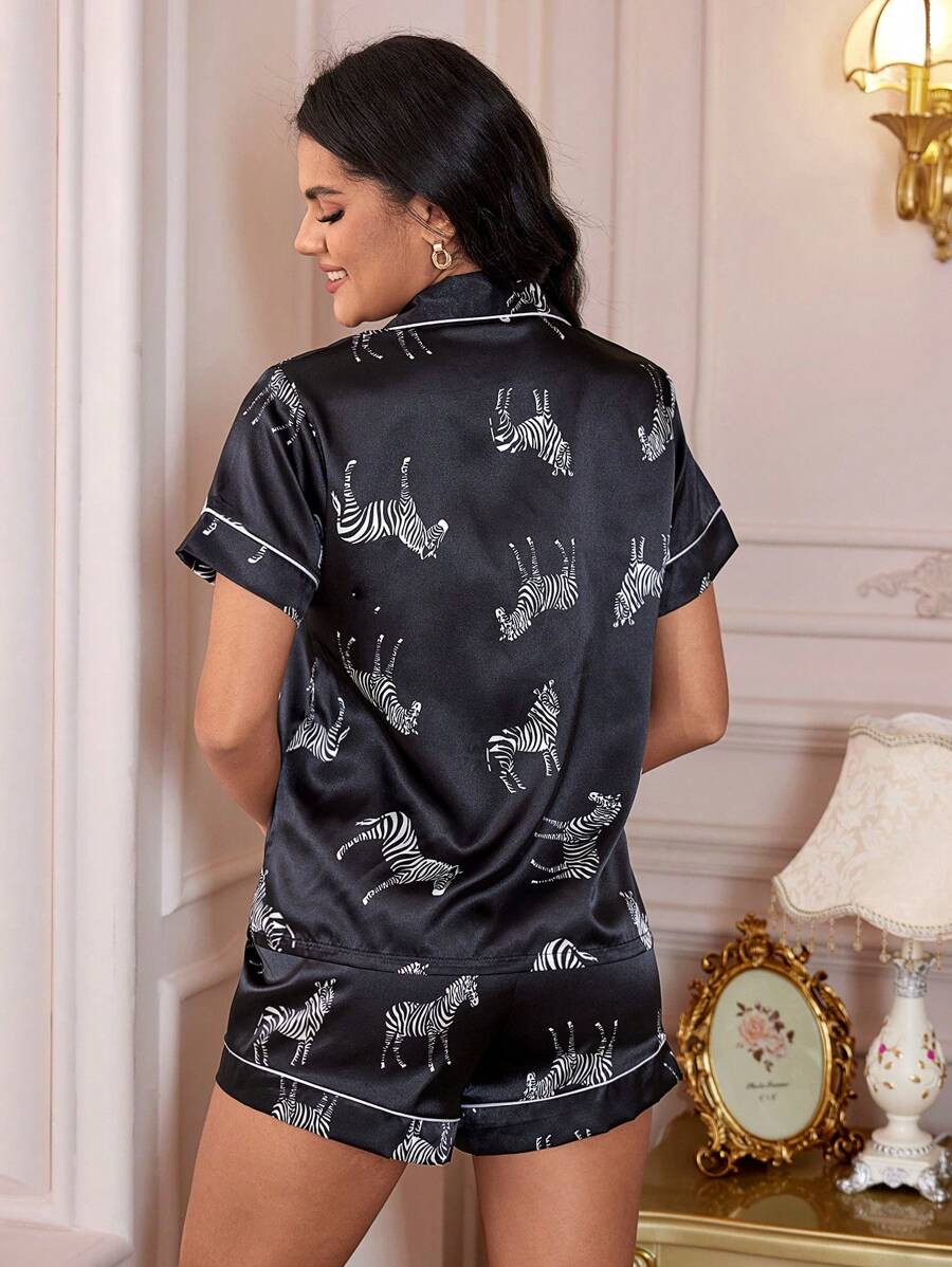 Zebra Print Contrast Binding Satin Pajama Set-Original Pajamas