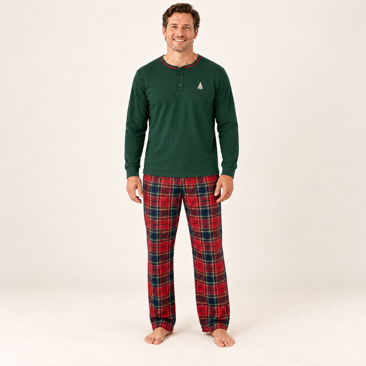 Christmas Family Matching Pajama Set with Green Henley Top and Red Tartan Plaid Pants for Women, Men, Kids, Baby and Dog