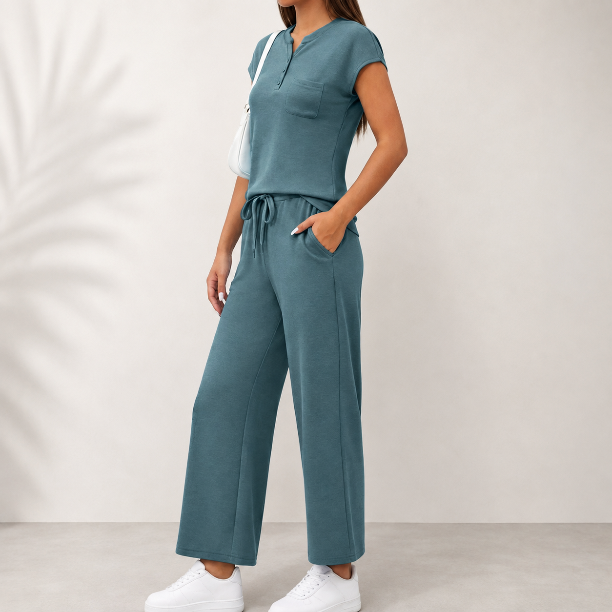 2 Piece Minimalist Loungewear Set With Button And Drawstring For Women