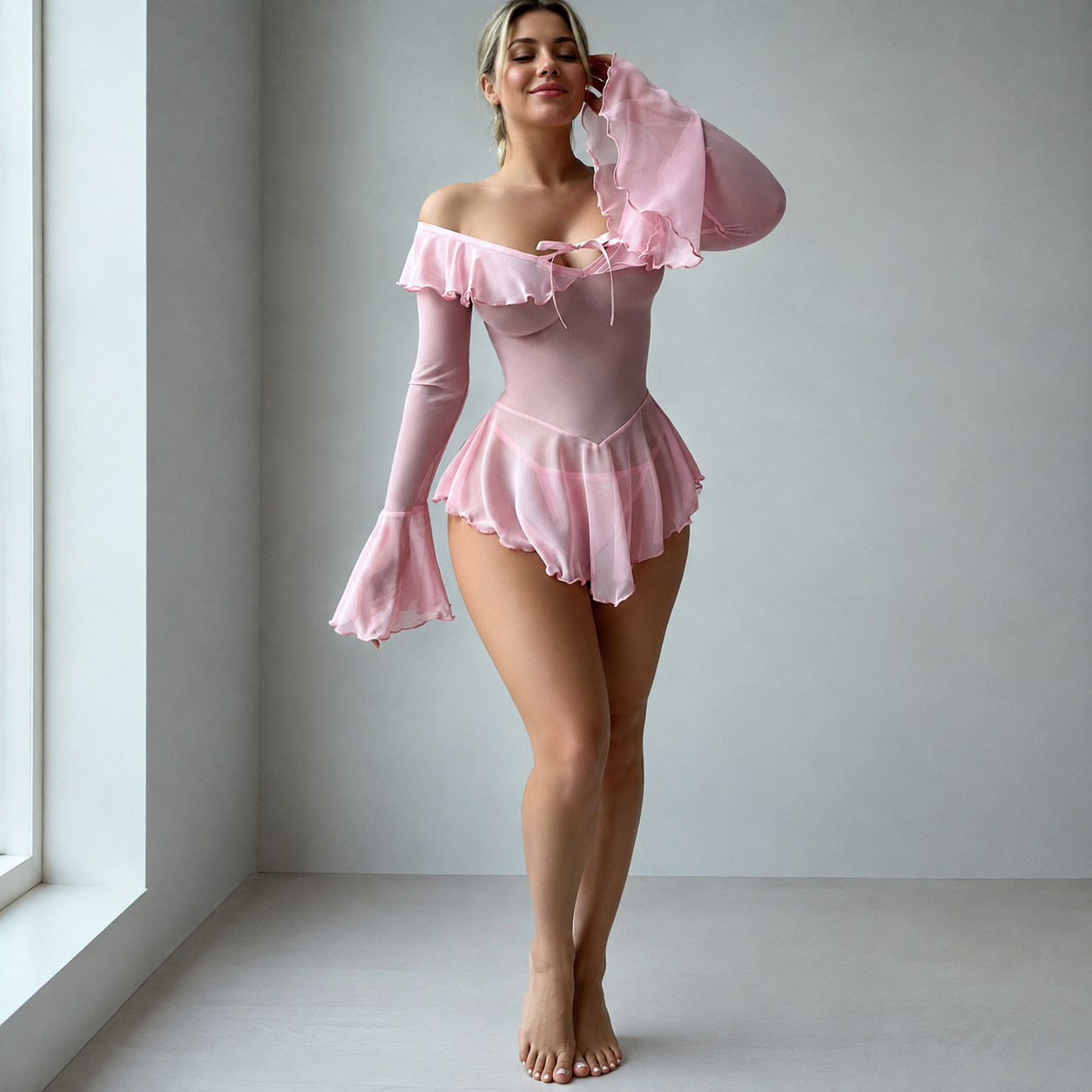 2 Piece Long Sleeves Mesh Ruffle Nightwear Lingerie Set For Women