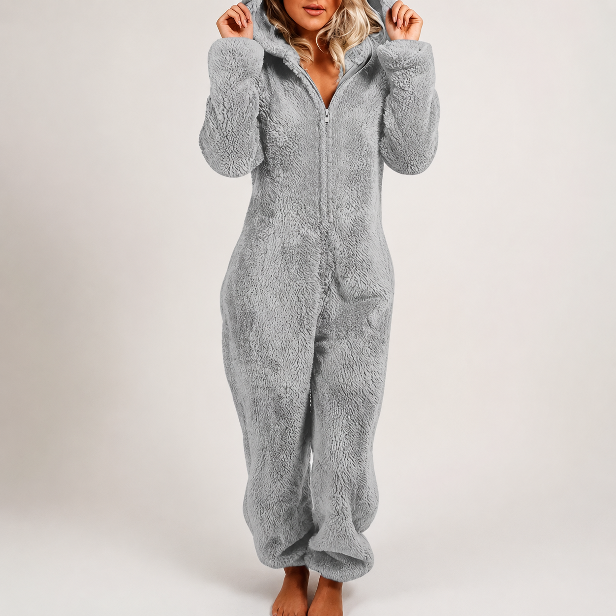 Solid Fall Winter Sleepwear Hooded Plush Pajama Jumpsuit With Zipper For Women