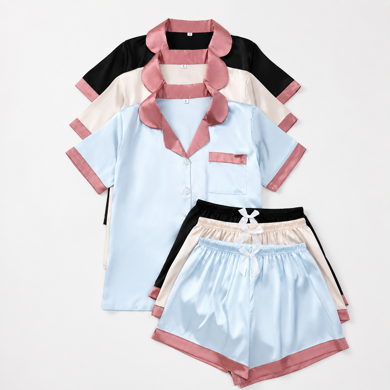 Solid Contrast Binding Bow Decor Pajama Set Sleeve Loungewear For Women