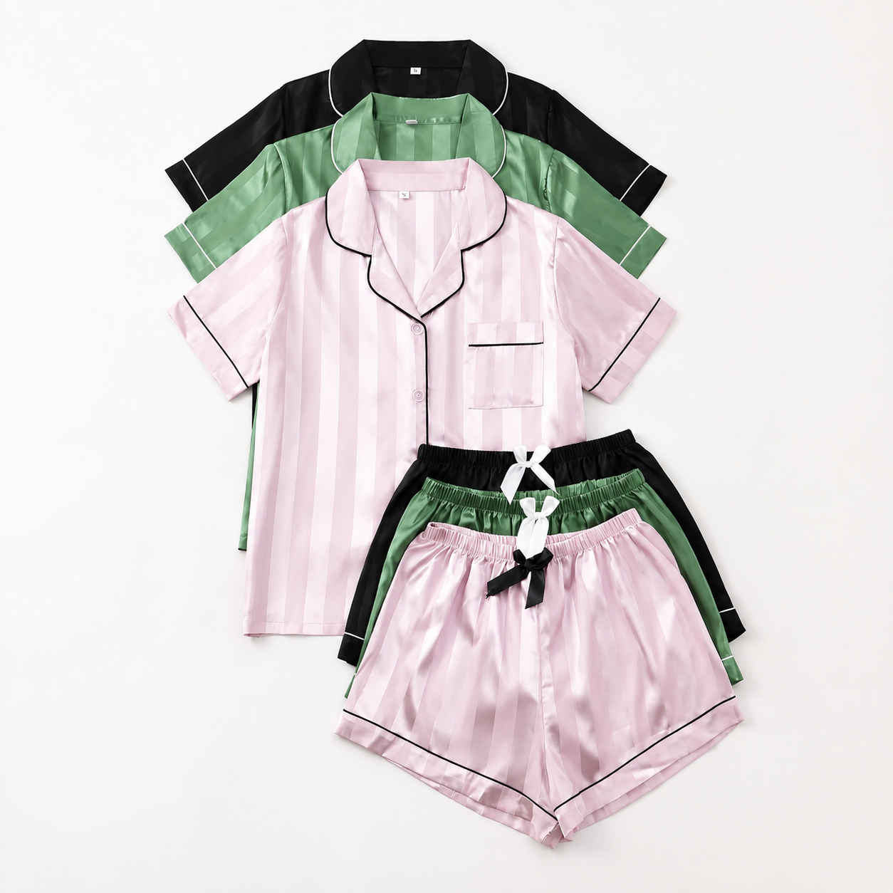 Solid Contrast Binding Bow Decor Pajama Set Sleeve Loungewear For Women
