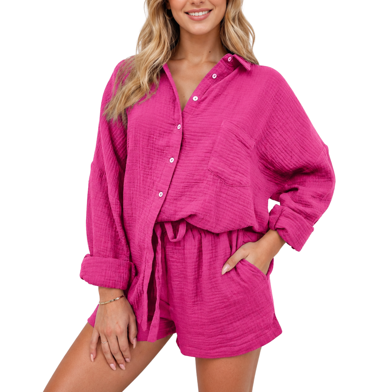 2 Piece Matching Lounge Set With Oversized Shirt And Shorts For Women