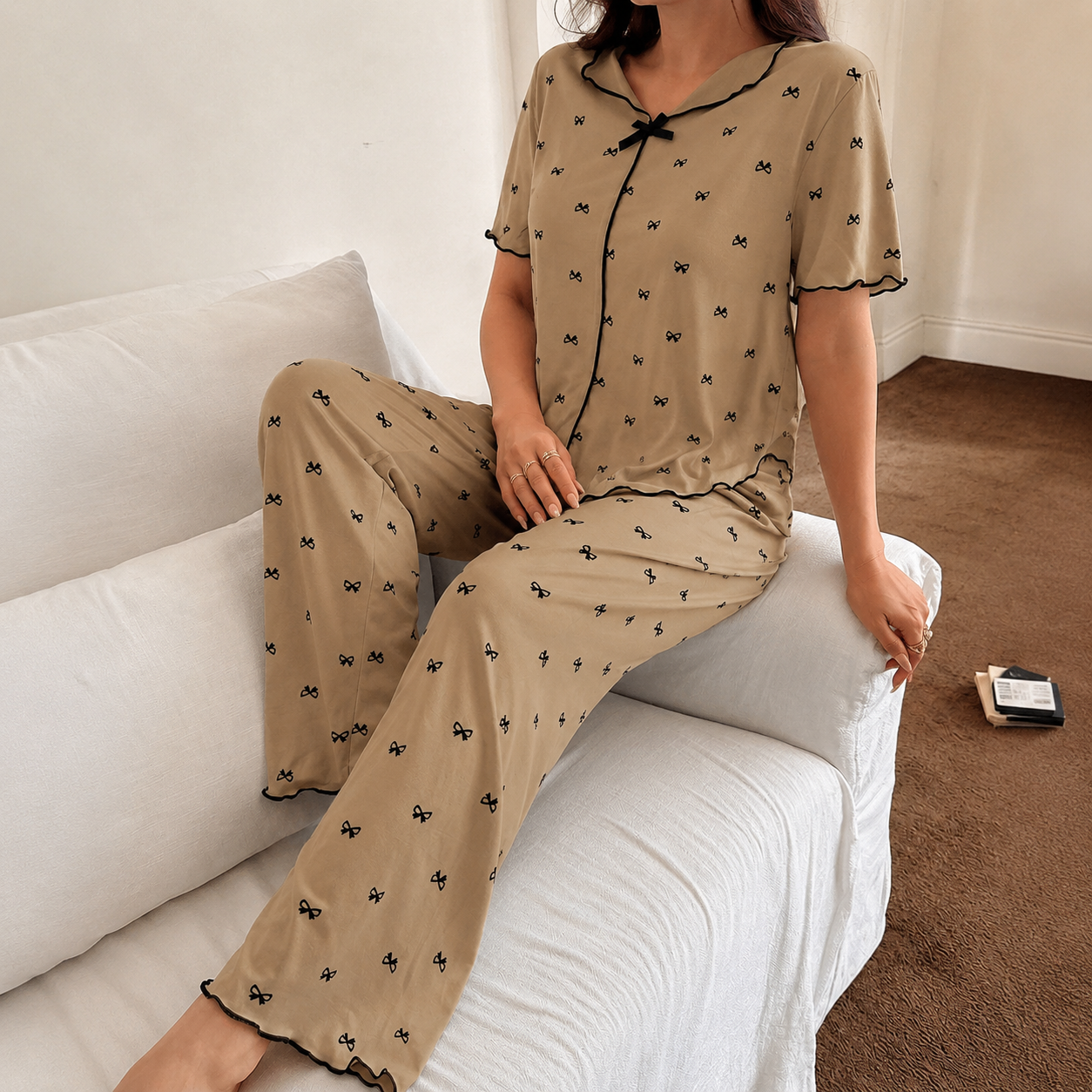 Two Piece Bow Print Lapel Pajama Top And Long Pants Set For Women