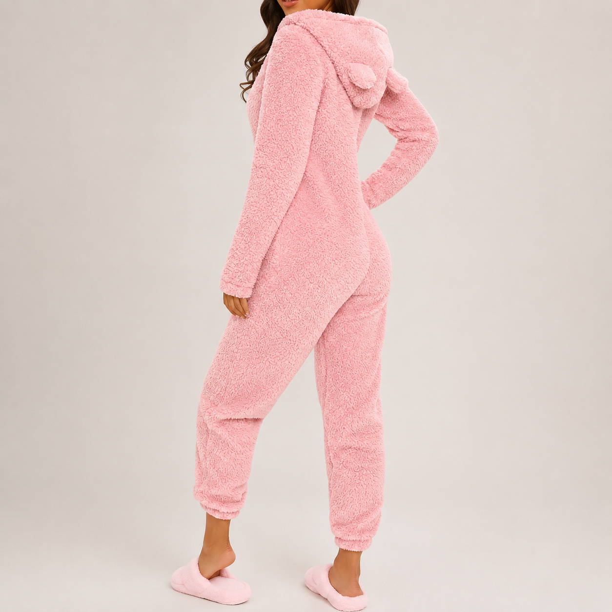 Solid Fall Winter Sleepwear Hooded Plush Pajama Jumpsuit With Zipper For Women