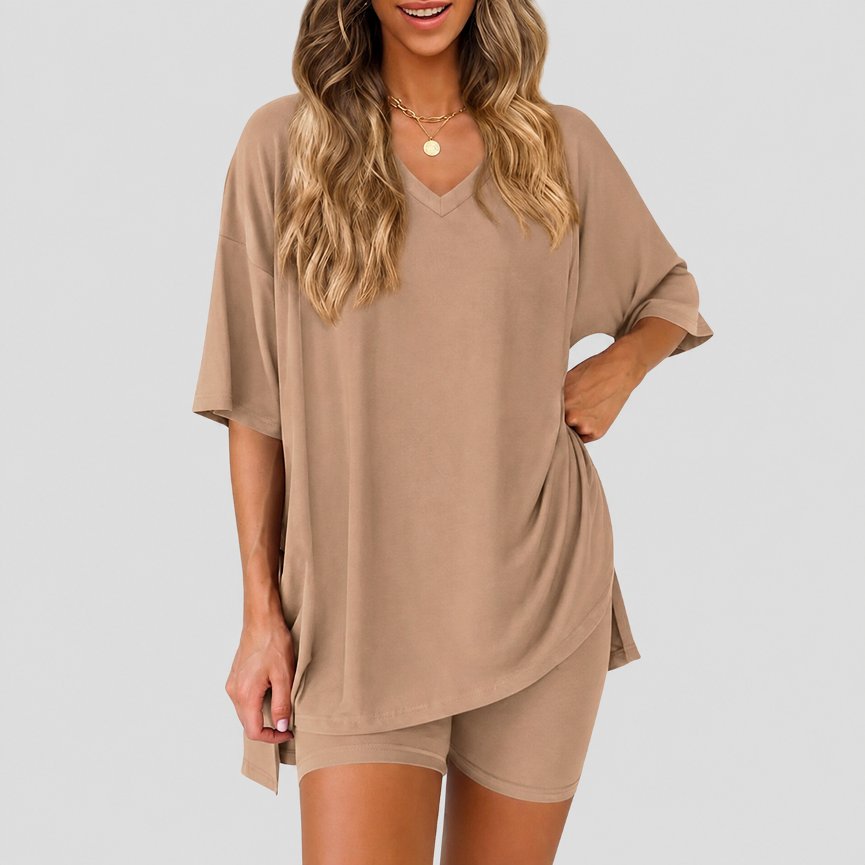 Casual Solid 2 Piece Loungewear Set Shorts For Women