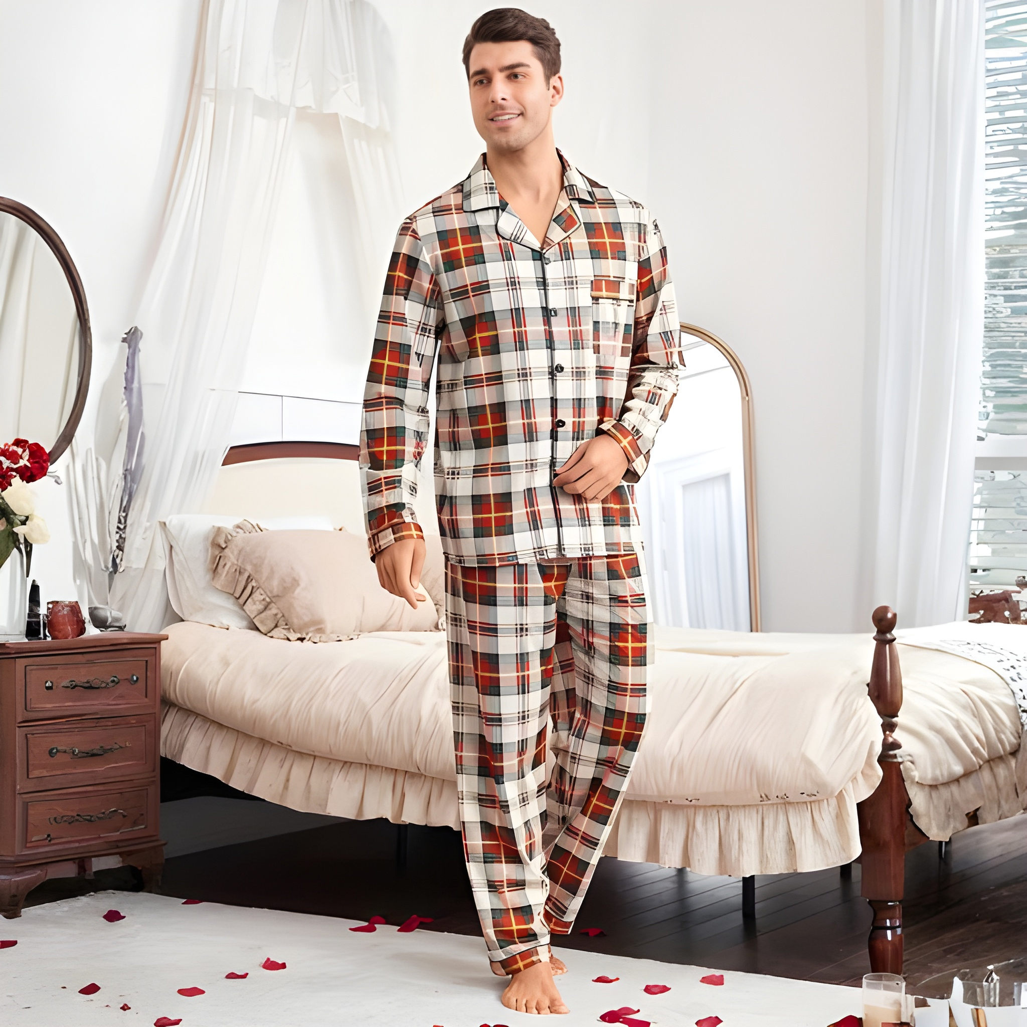 Plaid Pattern Long Sleeve Matching Pajama Set For Couple