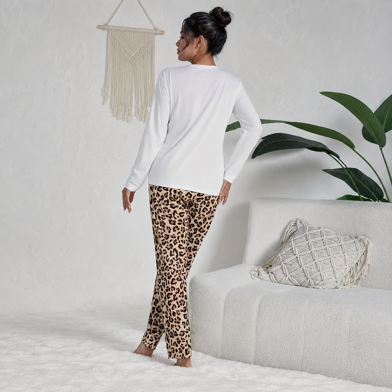 Casual Leopard Long Sleeve Pajama Set For Women