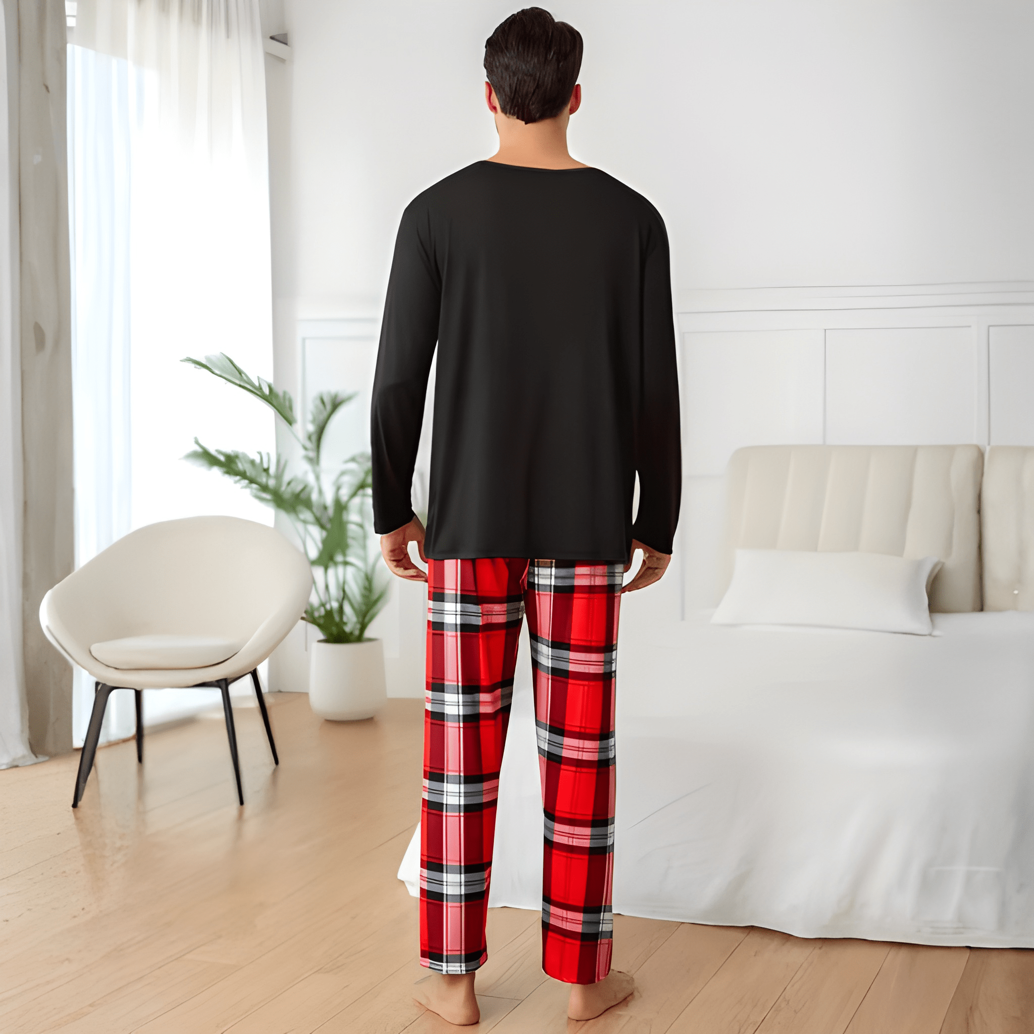  Couple's Black Crew Neck Pullover Long Sleeve Top and Plaid Pants Sleepwear Set