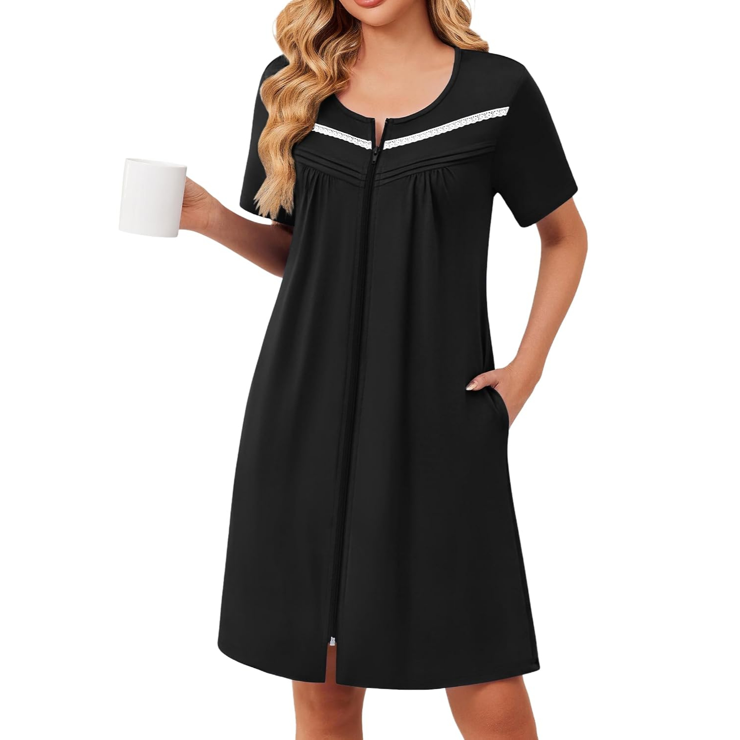 Lightweight Short Sleeve Zipper Robes with Pockets For Women