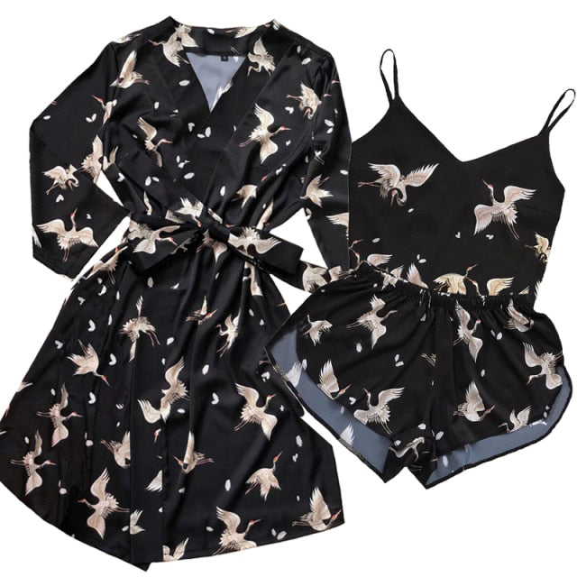 3 Piece Pajama Set Womens Kimono Bathrobe Satin-Original Pajamas