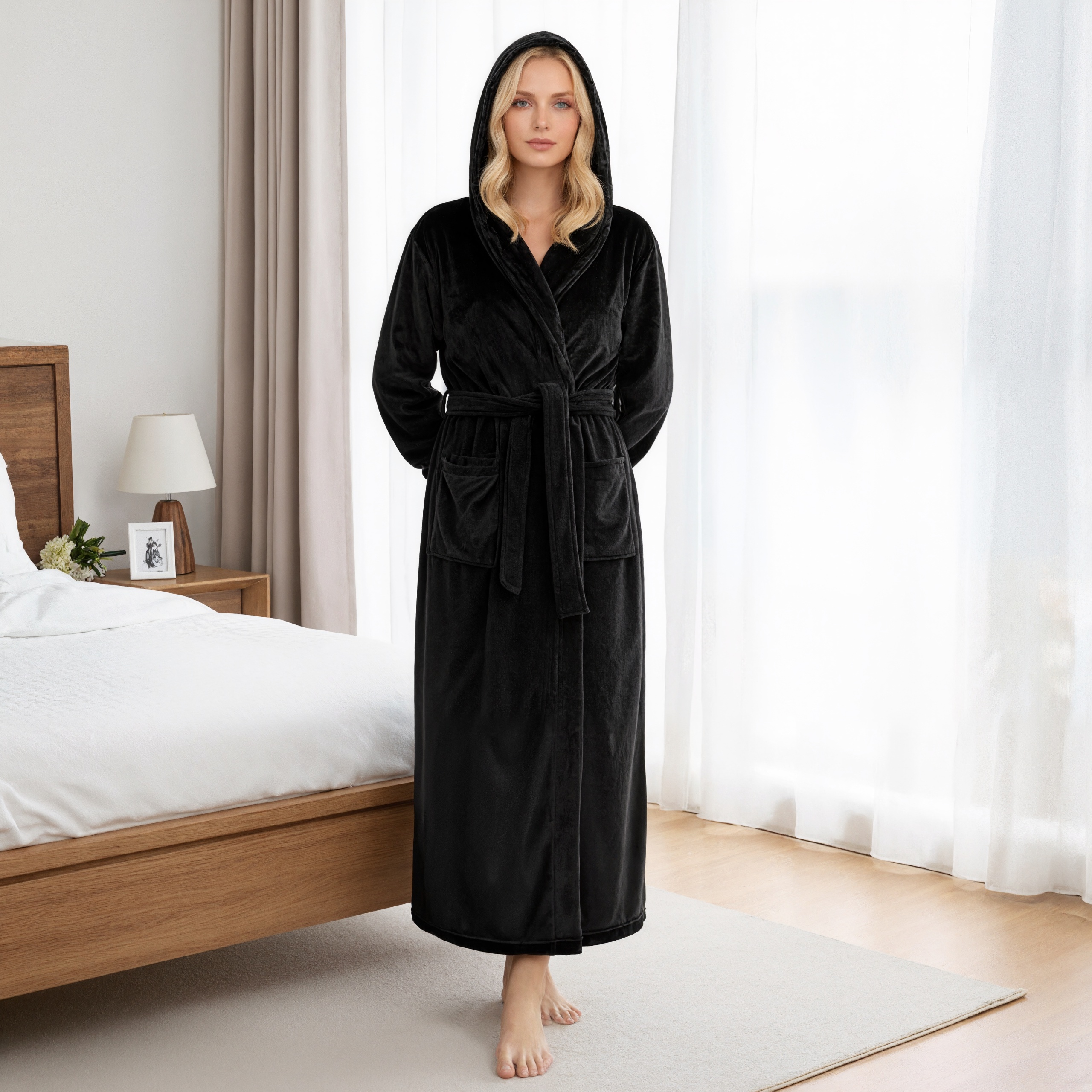 Hooded Plush Fleece Long Bath Robe With Belt And Pockets For Women