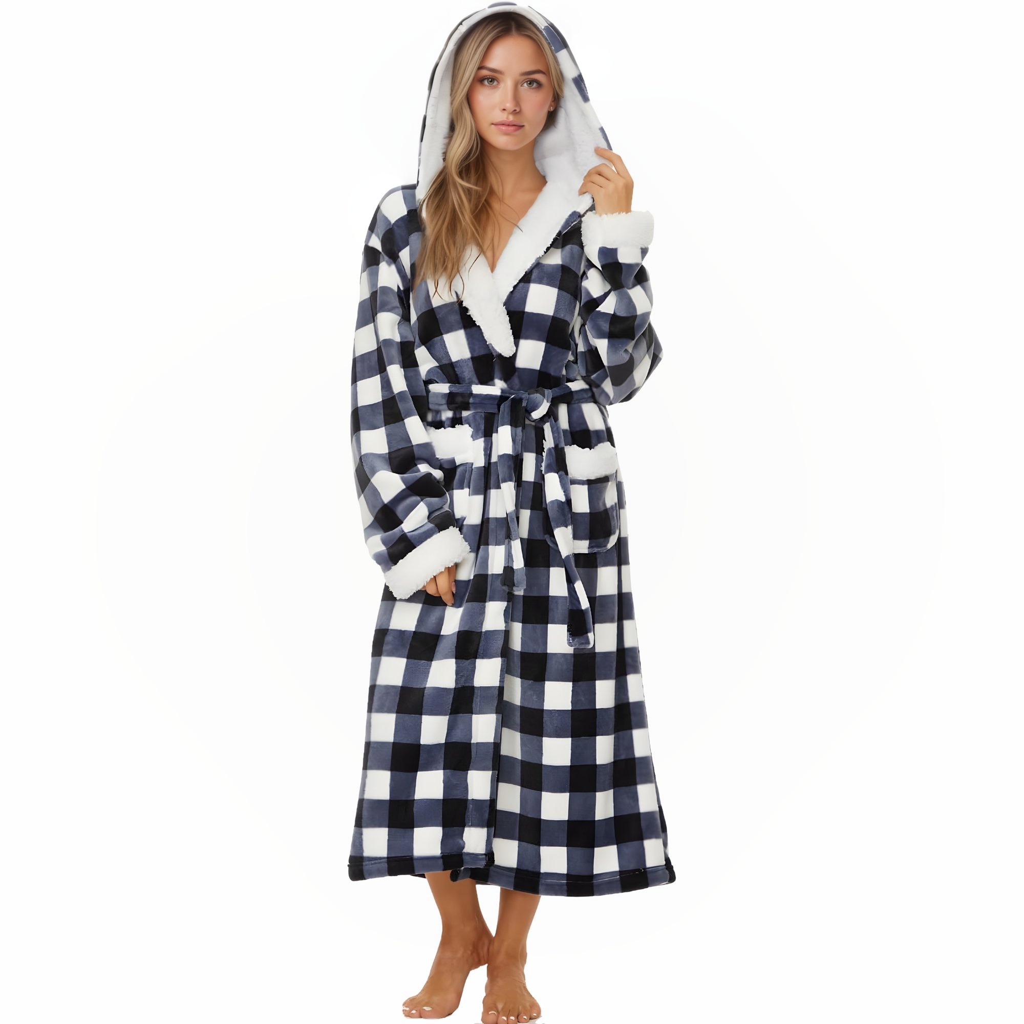 Soft Fleece Hooded Long Bathrobe For Women Home Lounge