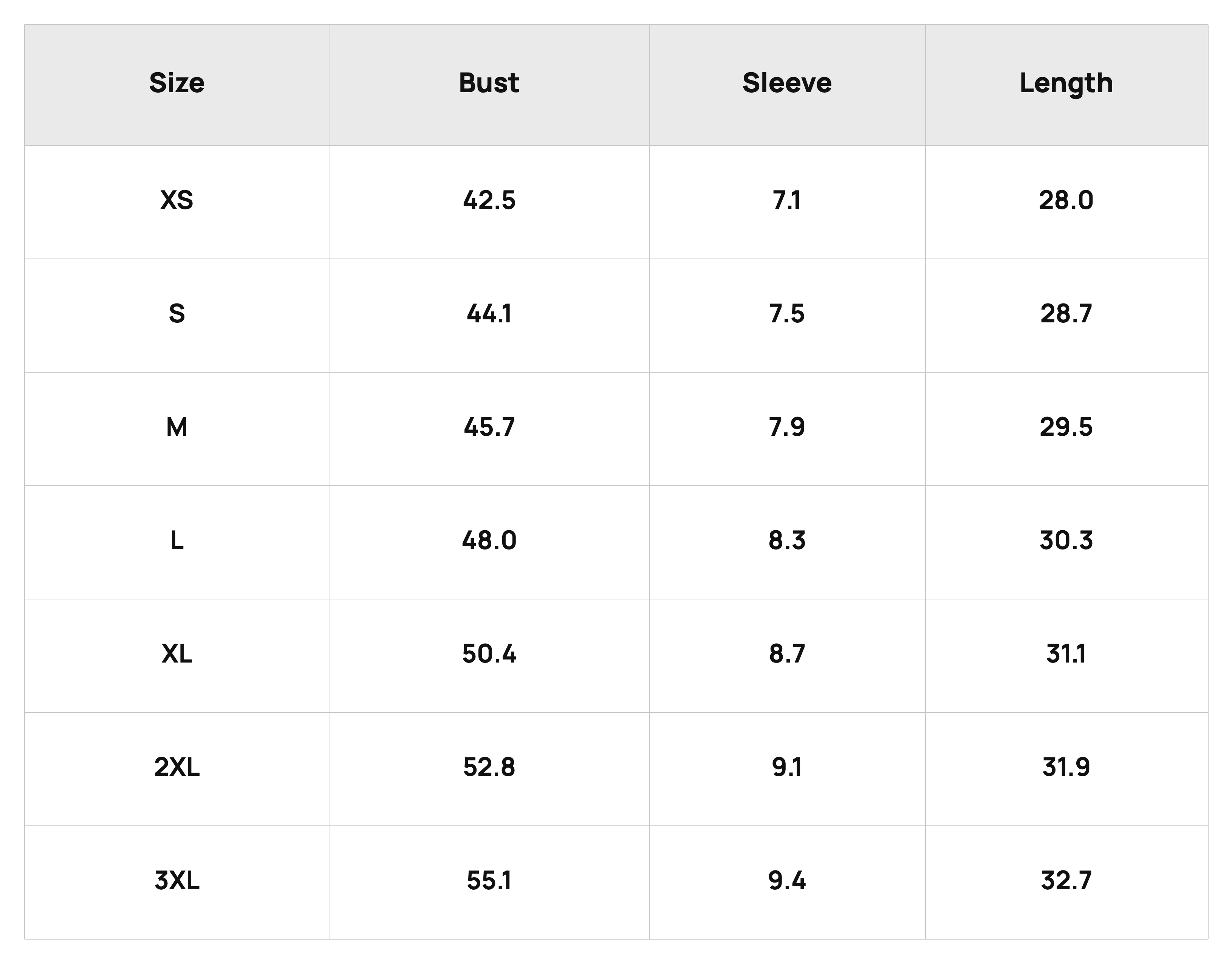 Size Chart Top