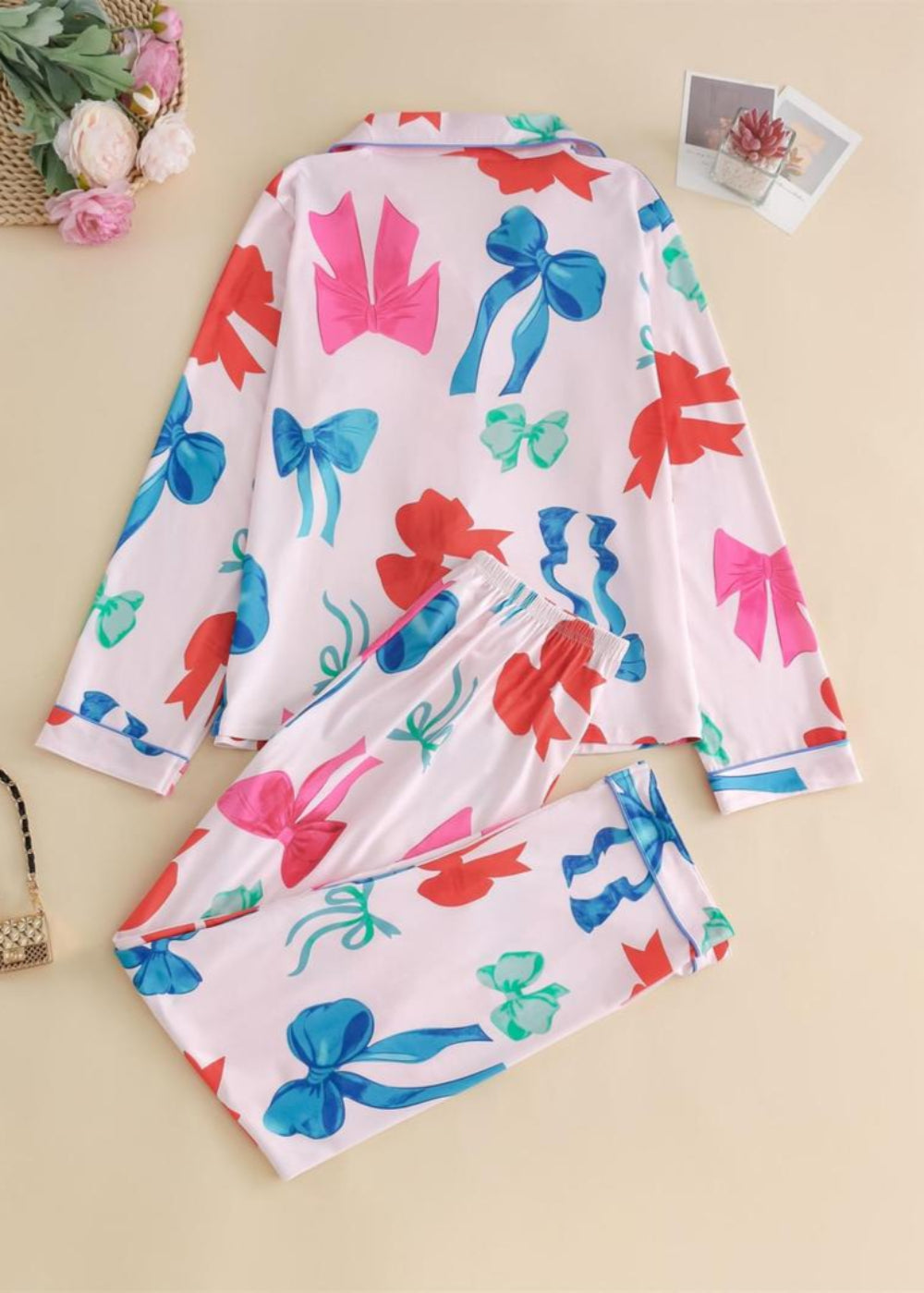 2 Piece Bow Patterned Long Sleeve Pajamas Set-Original Pajamas