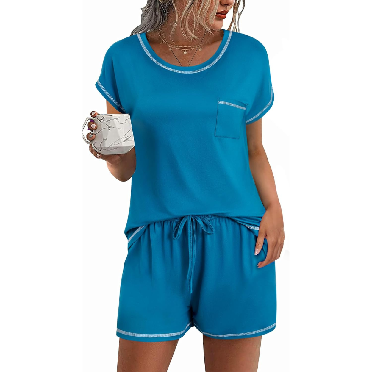 2 Piece Comfortable Pajama Set With Short Sleeve Top And Pocket Shorts For Women