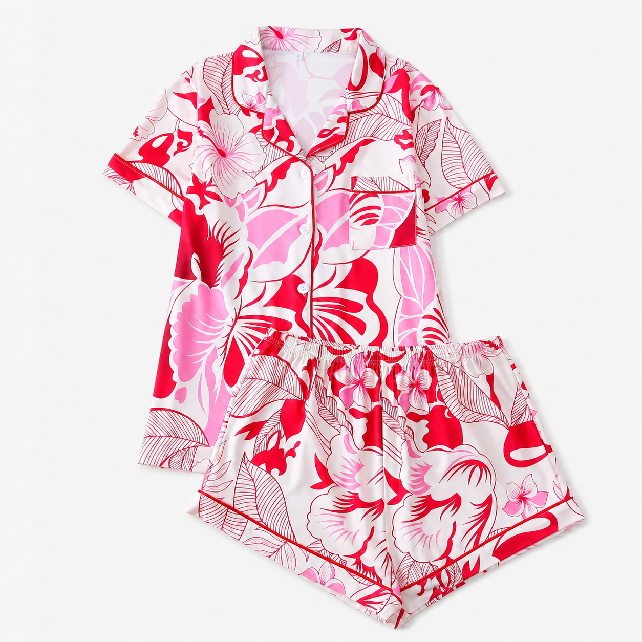 Two Piece Printed Pocket Shirt And Elastic Waist Shorts Set For Women