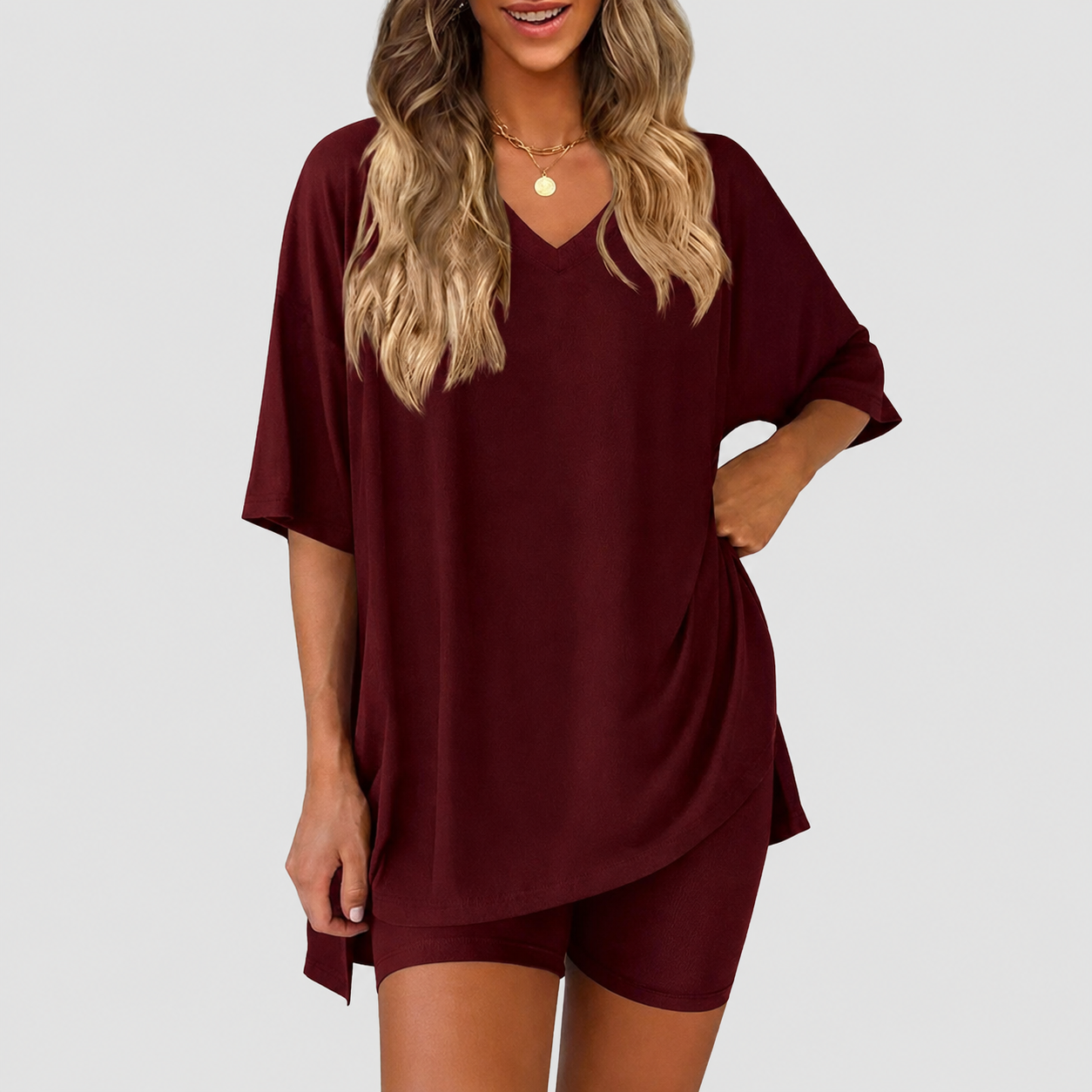 Casual Solid 2 Piece Loungewear Set Shorts For Women
