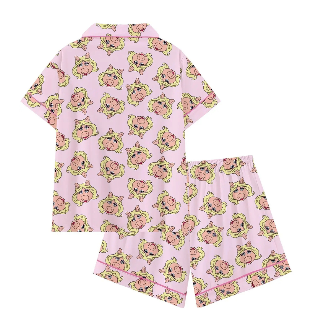Cartoon Prints Loose Fitting Short Sleeve Sleepwear Set For Women