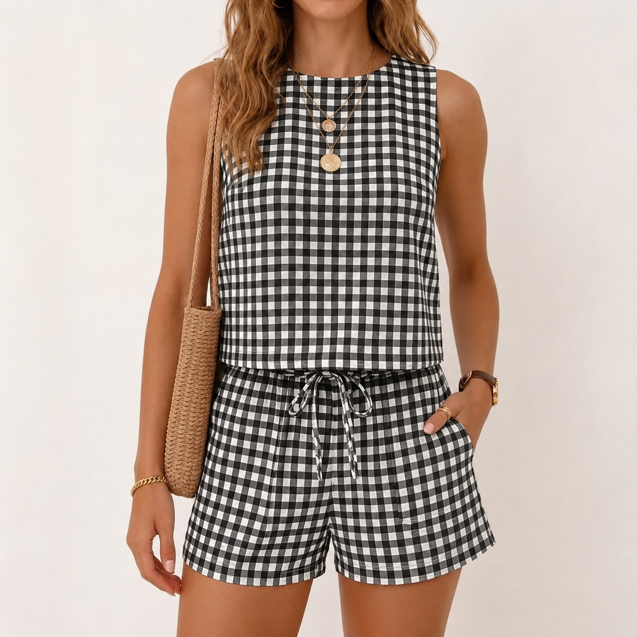 Casual 2 Piece Matching Sleeveless Blouse And Short Sets For Women