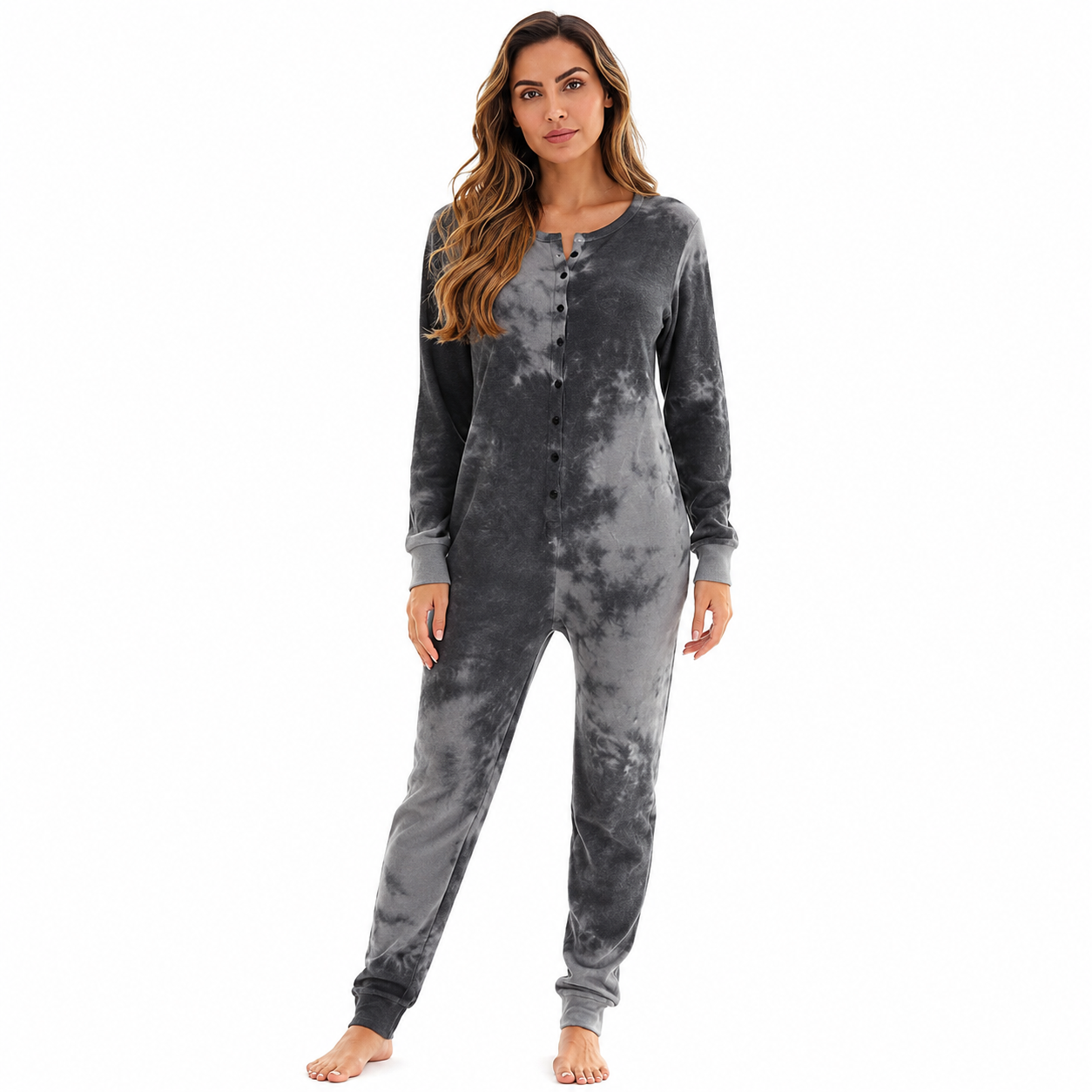 Tie Dye Henley Thermal Lounge Onesie For Women