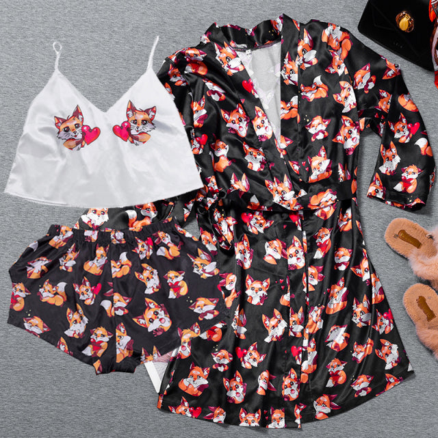 3 Piece Pajama Set Womens Kimono Bathrobe Satin-Original Pajamas